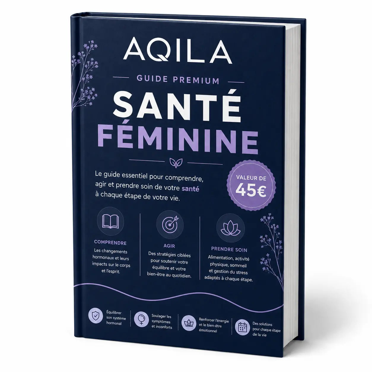 Couverture bleu nuit su fond blanc du guide santé féminine AQILA