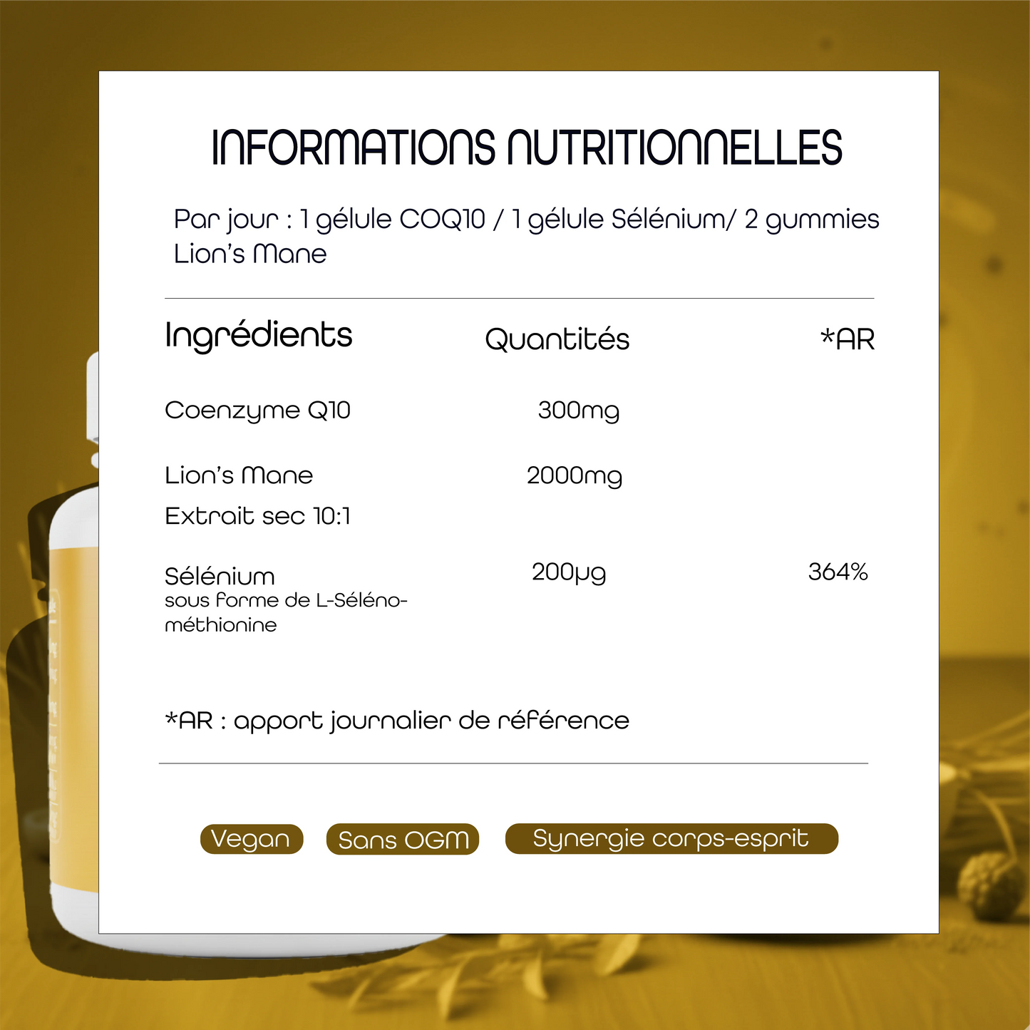 Illustration des informations nutritionnelles de la cure Immunité & Cerveau d'AQILA, avec Lion's Mane, Coq 10 et Sélénium