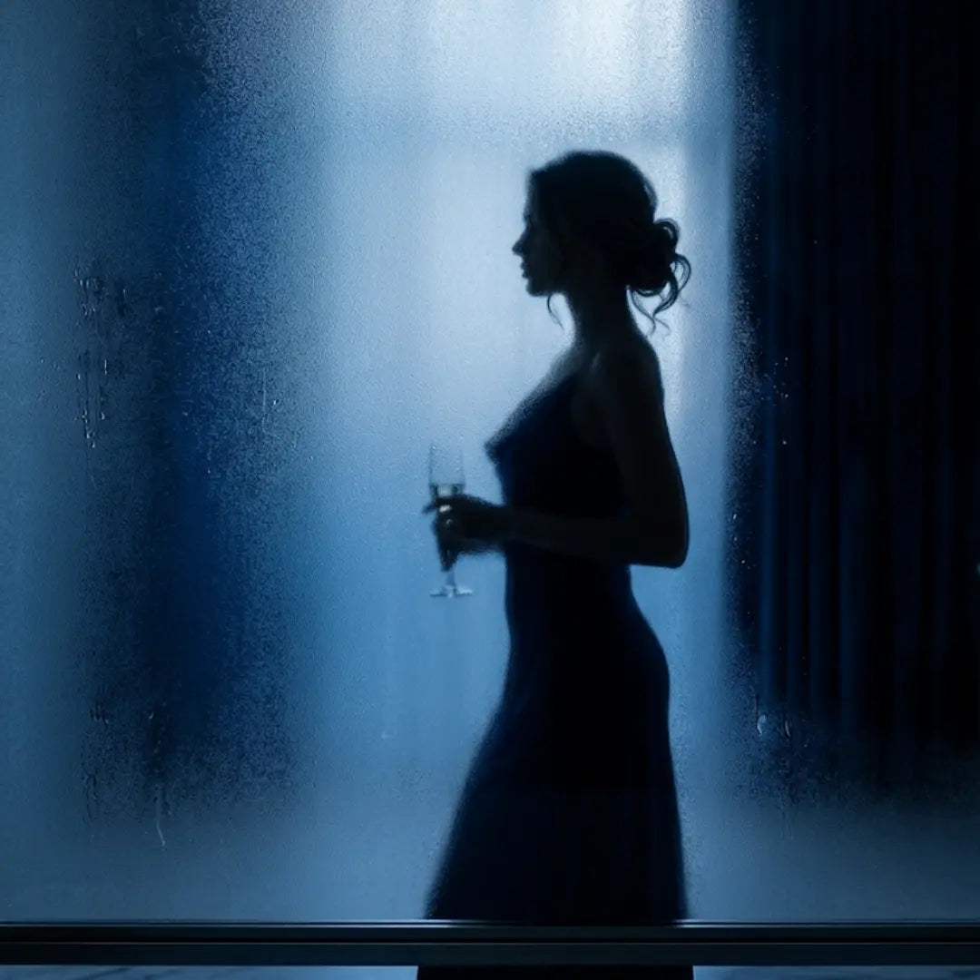 Femme dans un décor bleu nuit sombre