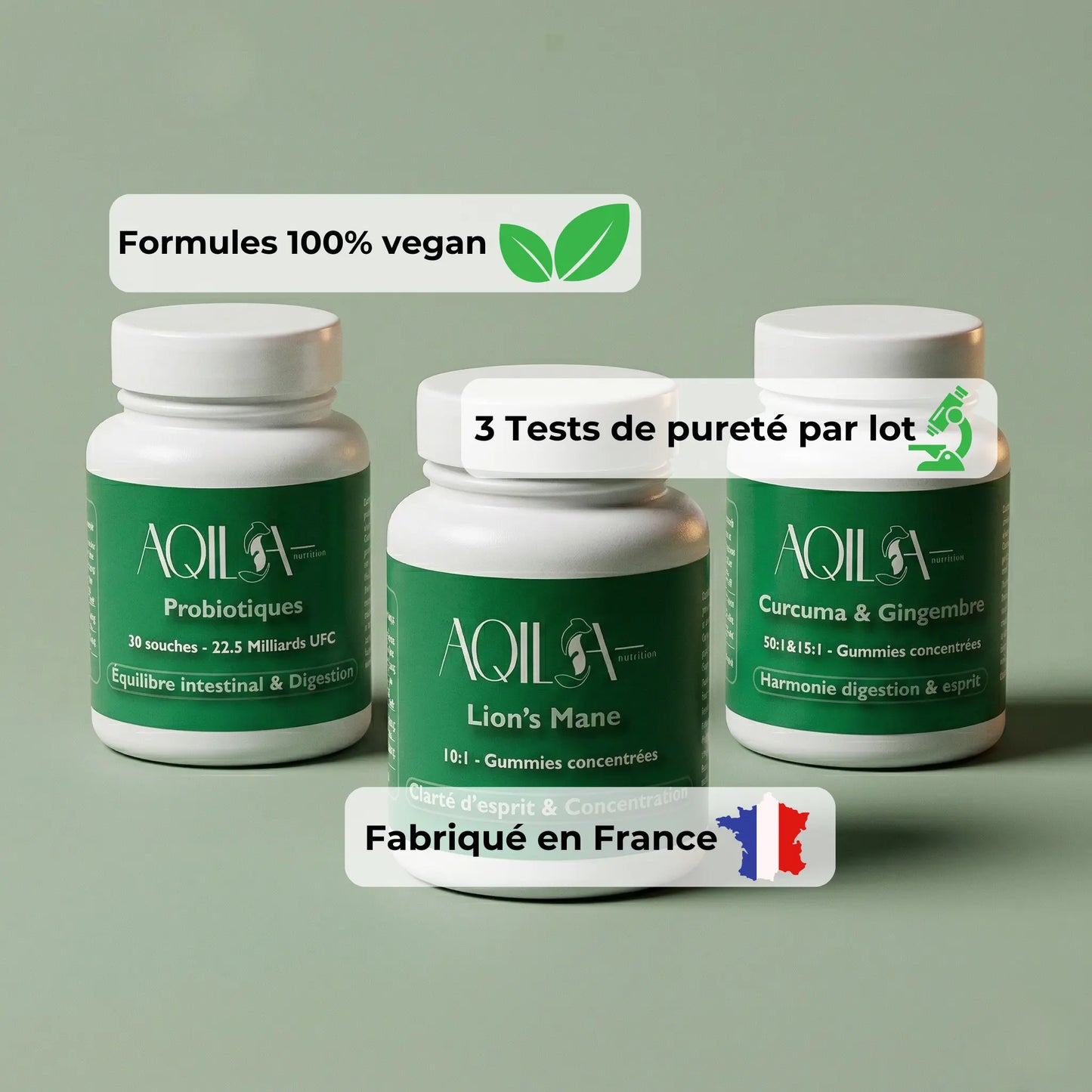 Cure Digestion & Énergie Aqila - Trio de compléments alimentaires vegan fabriqués en France : Probiotiques (30 souches, 22,5 milliards UFC, équilibre intestinal & digestion), Lion's Mane (10:1, gummies concentrées, clarté d'esprit & concentration) et Curcuma & Gingembre (50:1 & 15:1, gummies concentrées, harmonie digestion & esprit). Formules 100% vegan, 3 tests de pureté par lot, fabriqué en France.