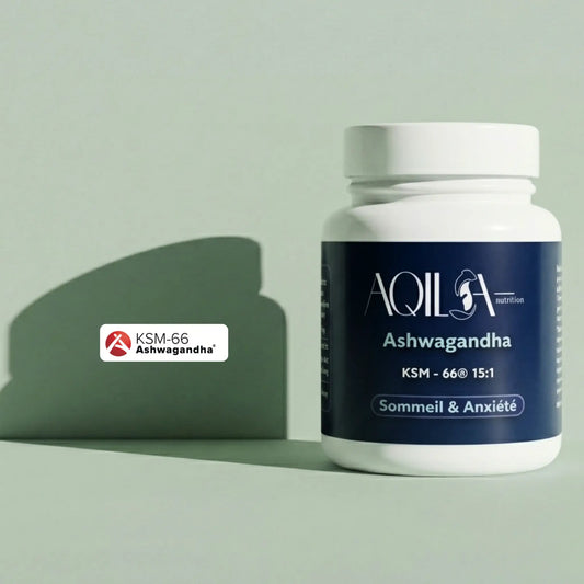 Flacon d'Ashwagandha Aqila certifié KSM-66, fabrication française pour la gestion du stress et de l'anxiété.