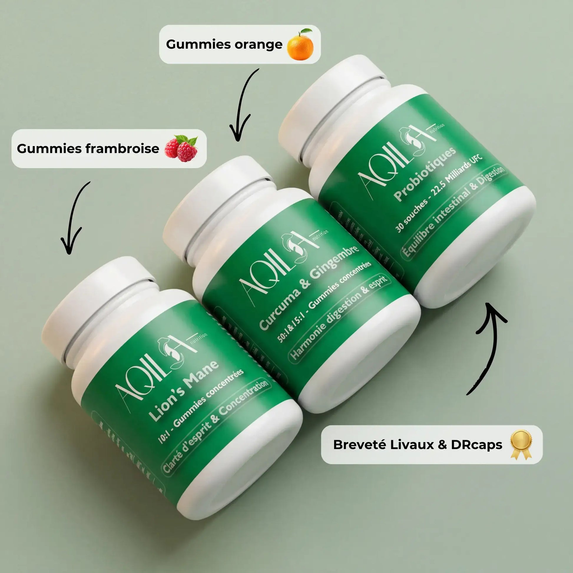 Cure Digestion & Énergie Aqila - Compléments alimentaires gummies vegan : Lion's Mane gummies framboise 10:1 concentration esprit, Curcuma & Gingembre gummies orange 50:1 & 15:1 digestion, Probiotiques 30 souches 22,5 milliards UFC équilibre intestinal - Breveté Livaux & DRcaps - Fabriqué en France