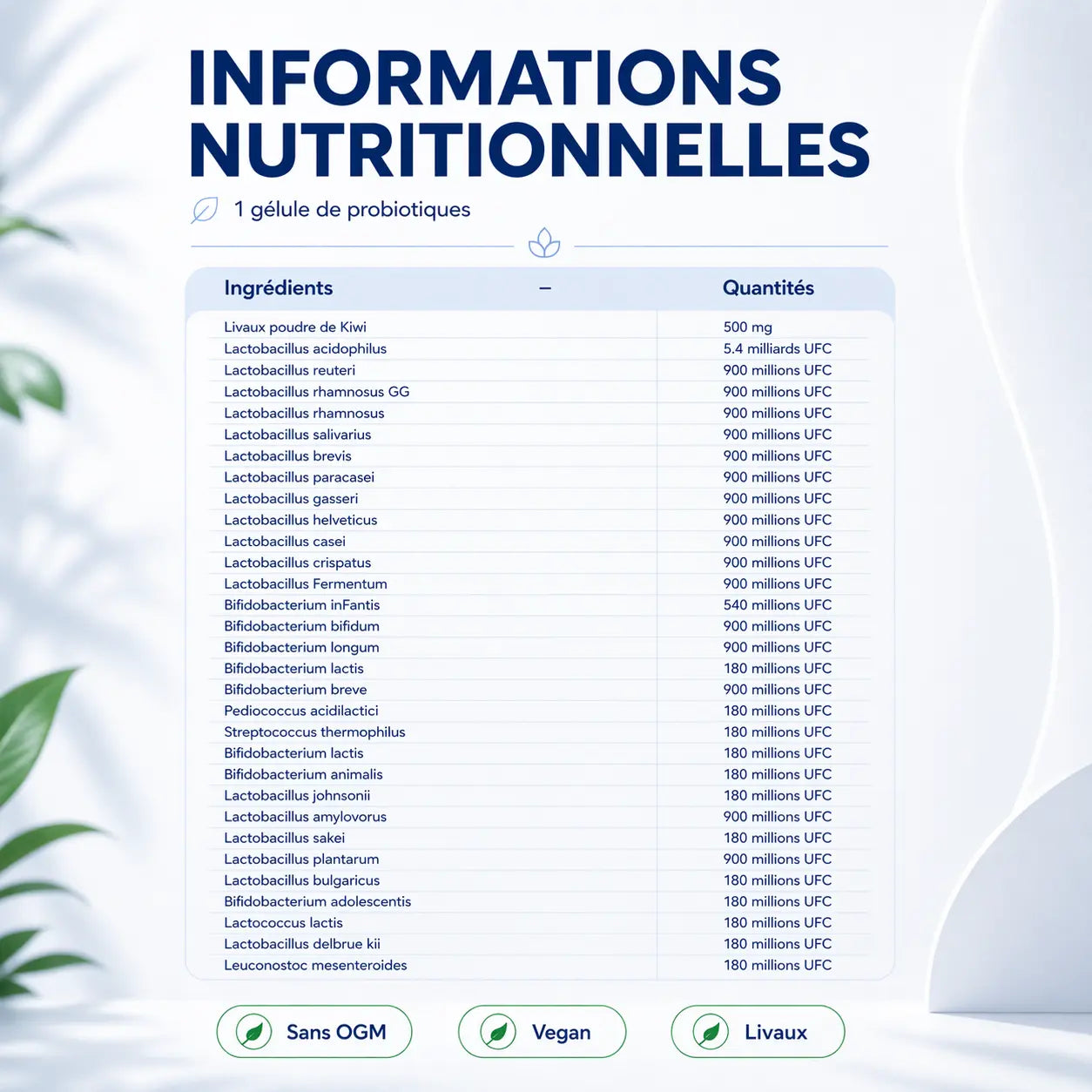 Tableau d'informations nutritionnelles des probiotiques 30 souches brevetés Livaux de la marque Aqila