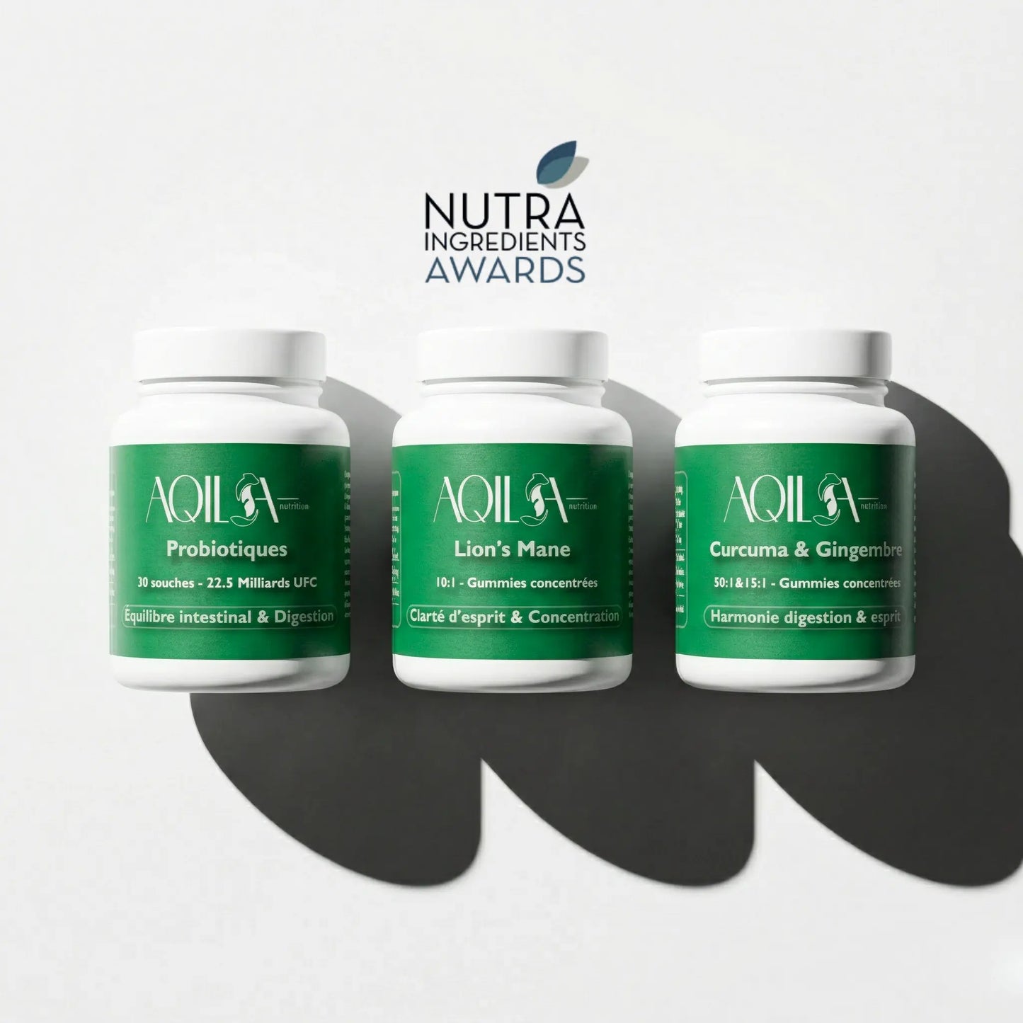 Image de présentation cure digestion& énergie Aqila avec Lion's Mane , Probiotiques , Curcuma&Gingembre , au dessus le badge Nutra ingrédient Awards