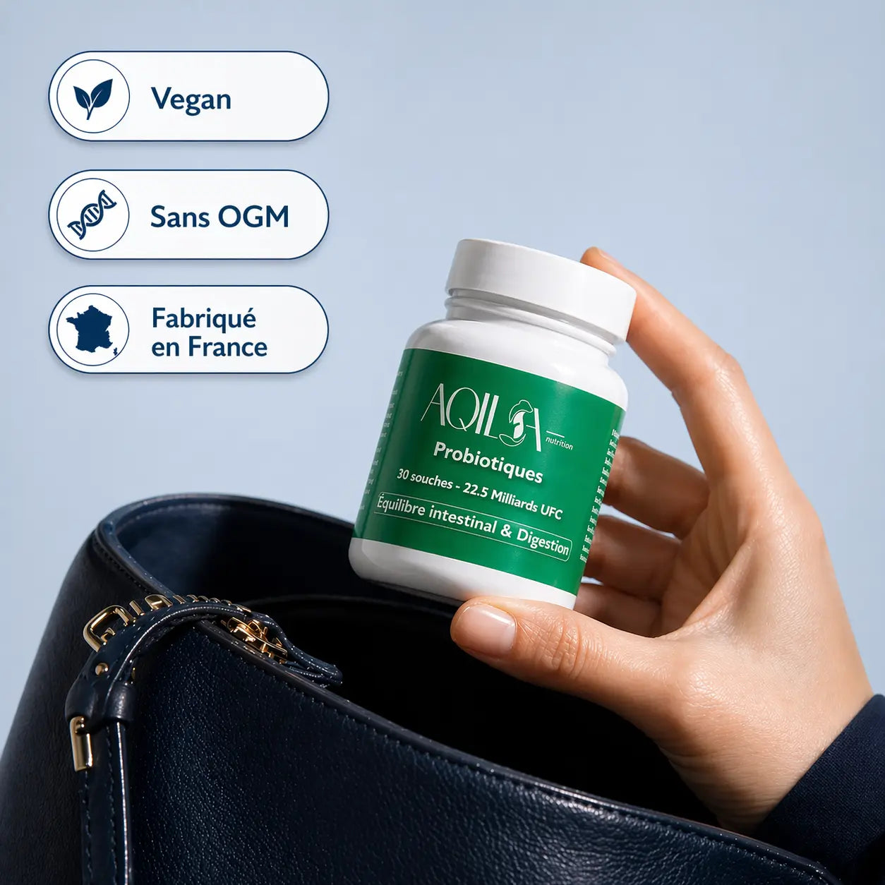 Flacon des probiotiques Aqila vegan sans ogm et fabriqué en france 