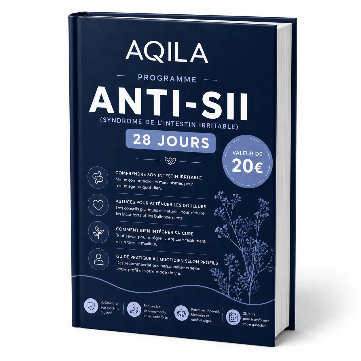 Couverture bleu nuit sur fond blanc du programme anti intestin irritable AQILA