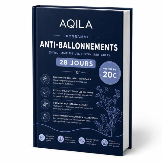 Couverture bleu nuit sur fond blanc du programme recettes anti ballonnements AQILA