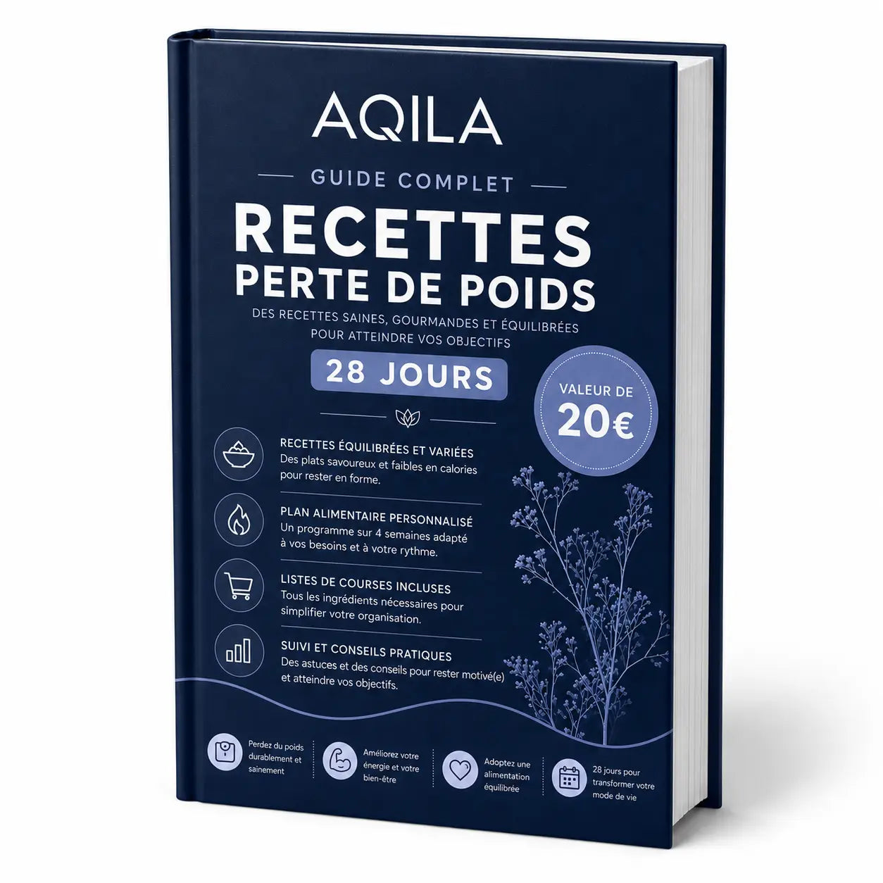 Couverture bleu nuit recettes perte de poids AQILA sur fond bleu nuit