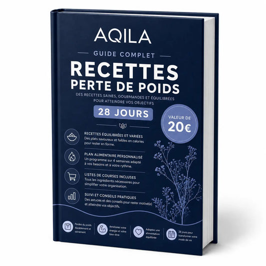 Couverture bleu nuit recettes perte de poids AQILA sur fond bleu nuit