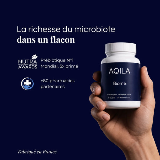 Flacon AQILA Biome formulé sur la base de plus de 300 études cliniques, vendu dans plus de 80 pharmacies et contenant le prébiotique Livaux récompensé 5 fois aux NutraIngredients Awards.webp