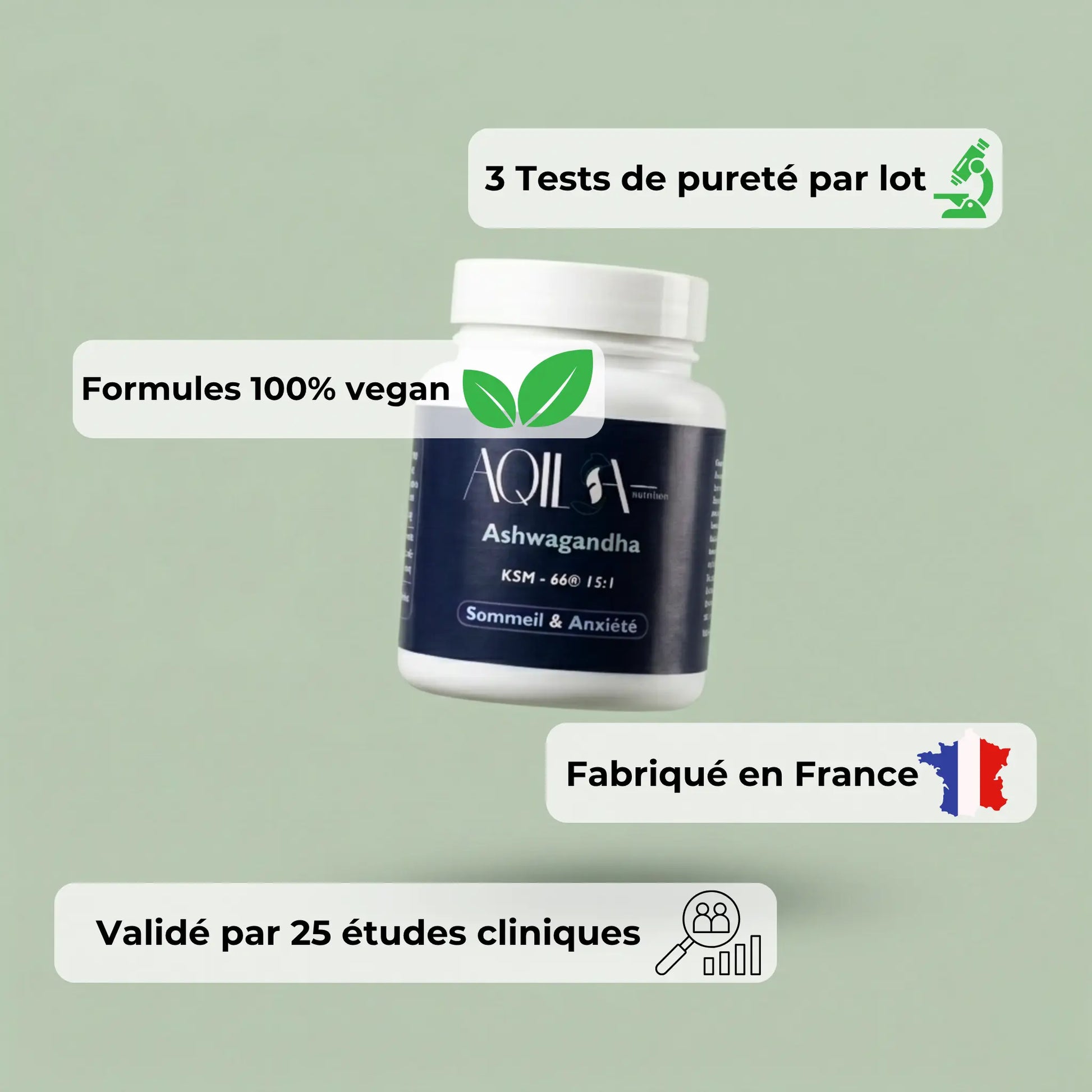 Flacon d'Ashwagandha KSM-66 Aqila, complément alimentaire vegan et fabriqué en France, validé cliniquement pour le sommeil et l'anxiété.