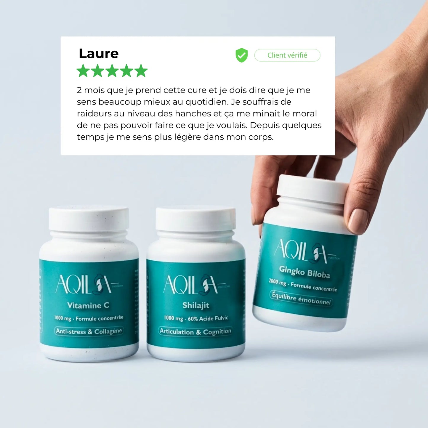 Avis client vérifié AQILA Nutrition - Cure Gingko Biloba, Shilajit et Vitamine C - Raideurs et mobilité