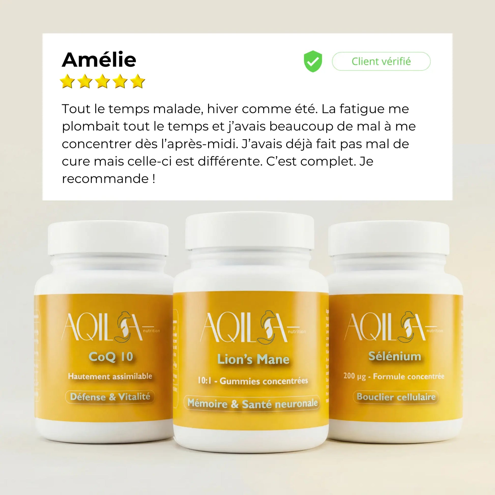 Avis client certifié 5 étoiles recommandant la cure Immunité et Cerveau d'Aqila pour lutter contre la fatigue récurrente et les baisses de concentration.