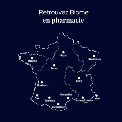 Carte de France des pharmacies proposant Biome d’Aqila, avec des points de vente à Paris, Rennes, Strasbourg, Tours, Bordeaux, Dax, Toulouse, Carcassonne, Montpellier, Aix-en-Provence, Lyon et Nice.webp