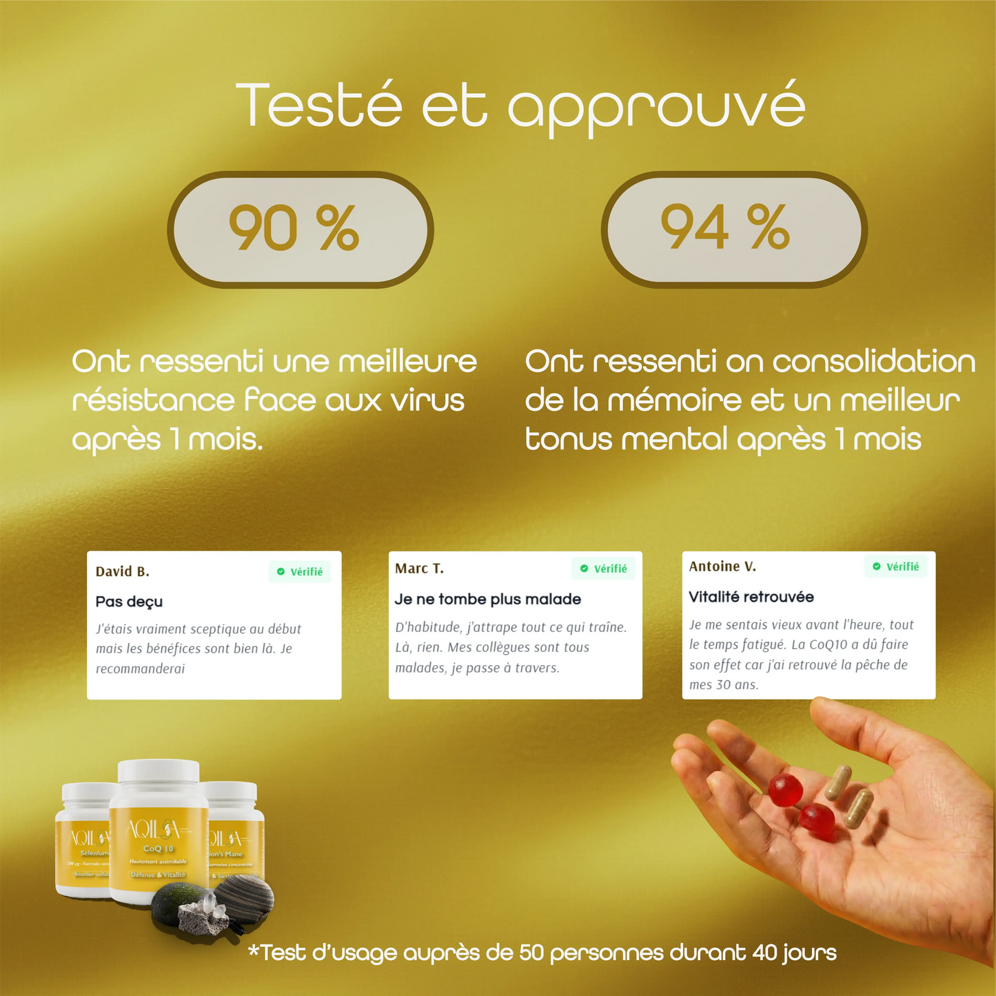 Résultats d’usage de la cure Immunité & Cerveau AQILA montrant amélioration de la mémorisation et des défense immunitaires.