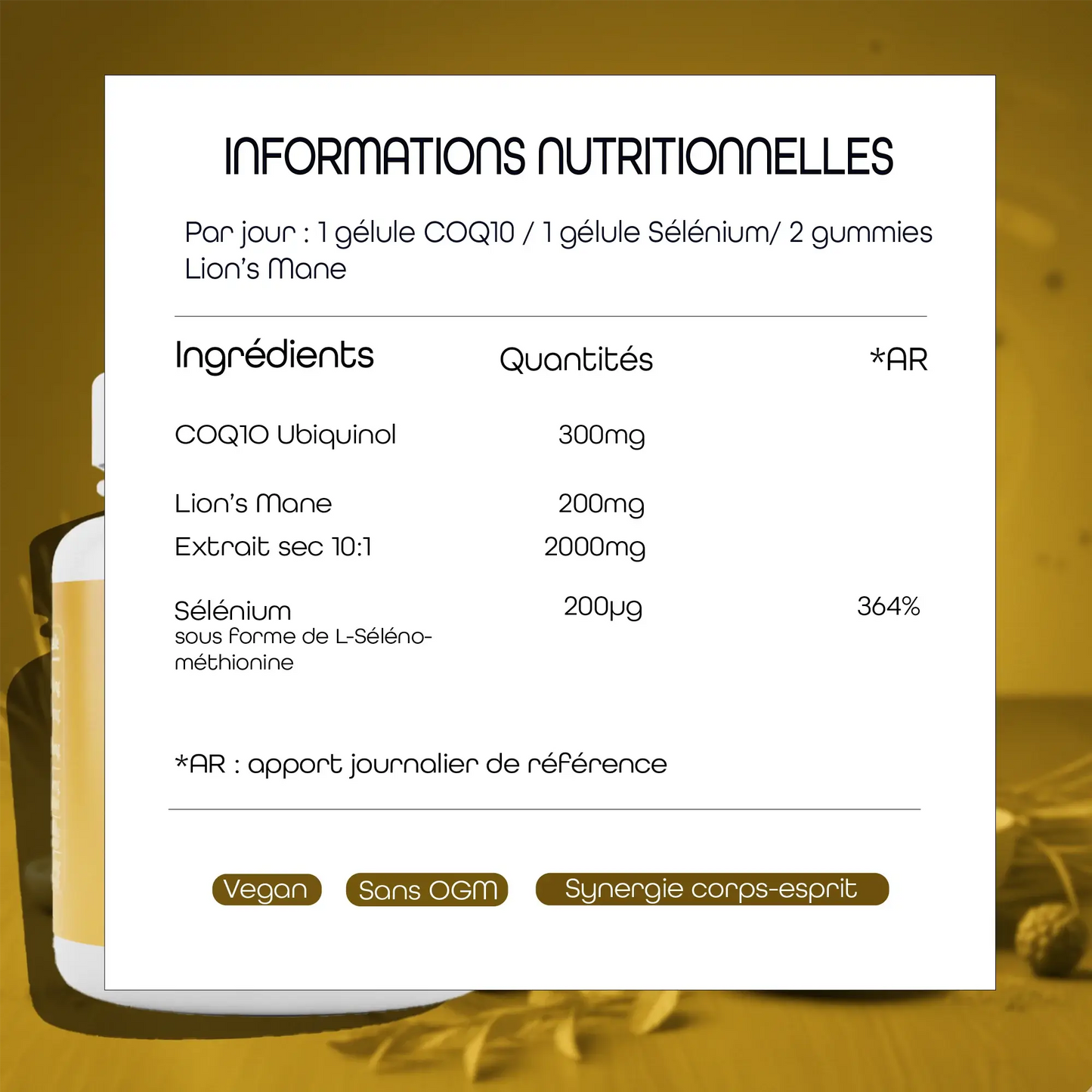 Illustration des informations nutritionnelles de la cure Défense & Clarté d'AQILA, avec Lion's Mane, Coq 10 et Sélénium