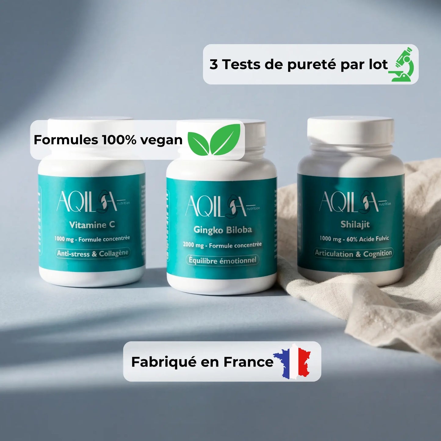 Cure AQILA Nutrition 100% vegan fabriquée en France - 3 tests de pureté par lot - Complexe Shilajit Gingko Biloba Vitamine C