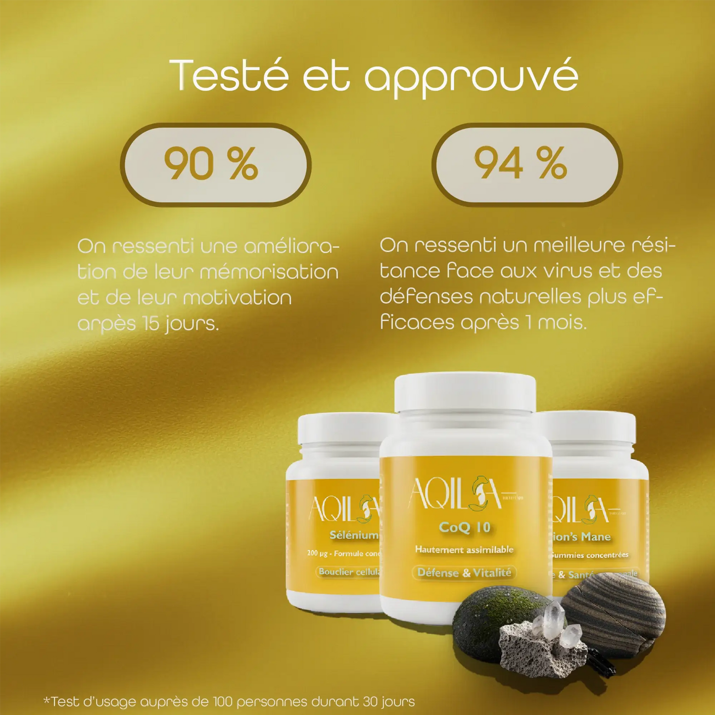 Résultats d’usage de la cure Défense & Clarté AQILA montrant amélioration de la mémorisation et des défense immunitaires.