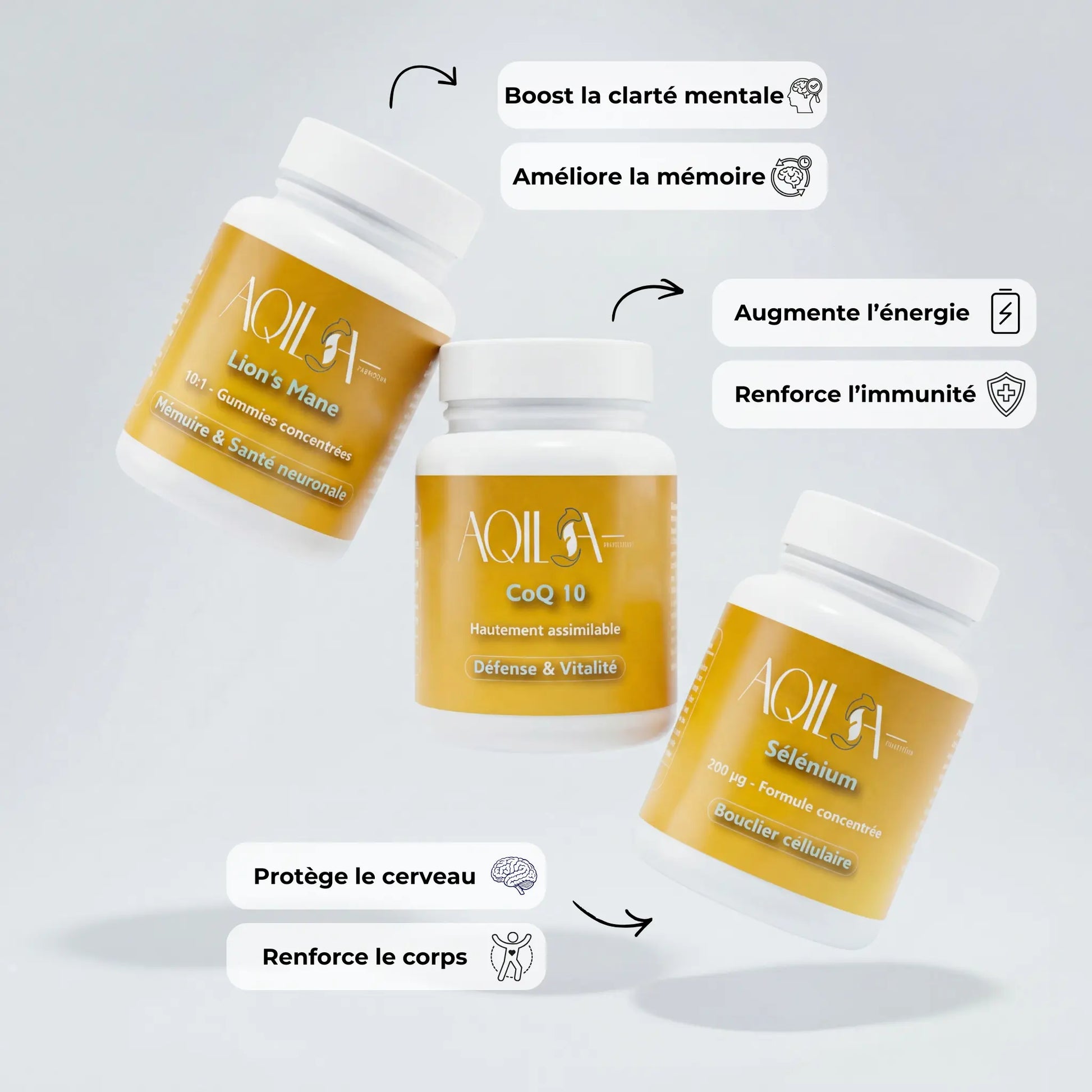 Les 3 compléments de la cure Immunité et Cerveau Aqila Nutrition et leurs bienfaits : clarté mentale, énergie, immunité et mémoire grâce au Lion's Mane, CoQ10 et Sélénium.