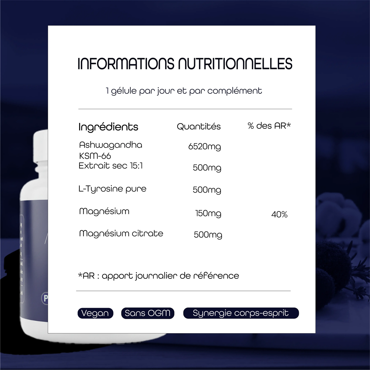 Informations nutritionnelles de la cure Rythme Soutenu AQILA avec ashwagandha KSM-66, magnésium et L-tyrosine