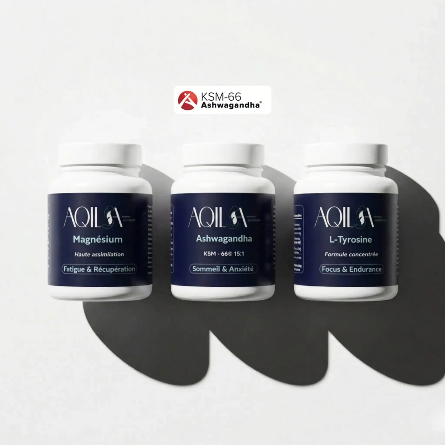 Cure Stress & Récupération AQILA — trio de compléments naturels L-Tyrosine, Magnésium haute assimilation et Ashwagandha KSM-66 pour réduire le stress, améliorer la récupération et favoriser un sommeil réparateur