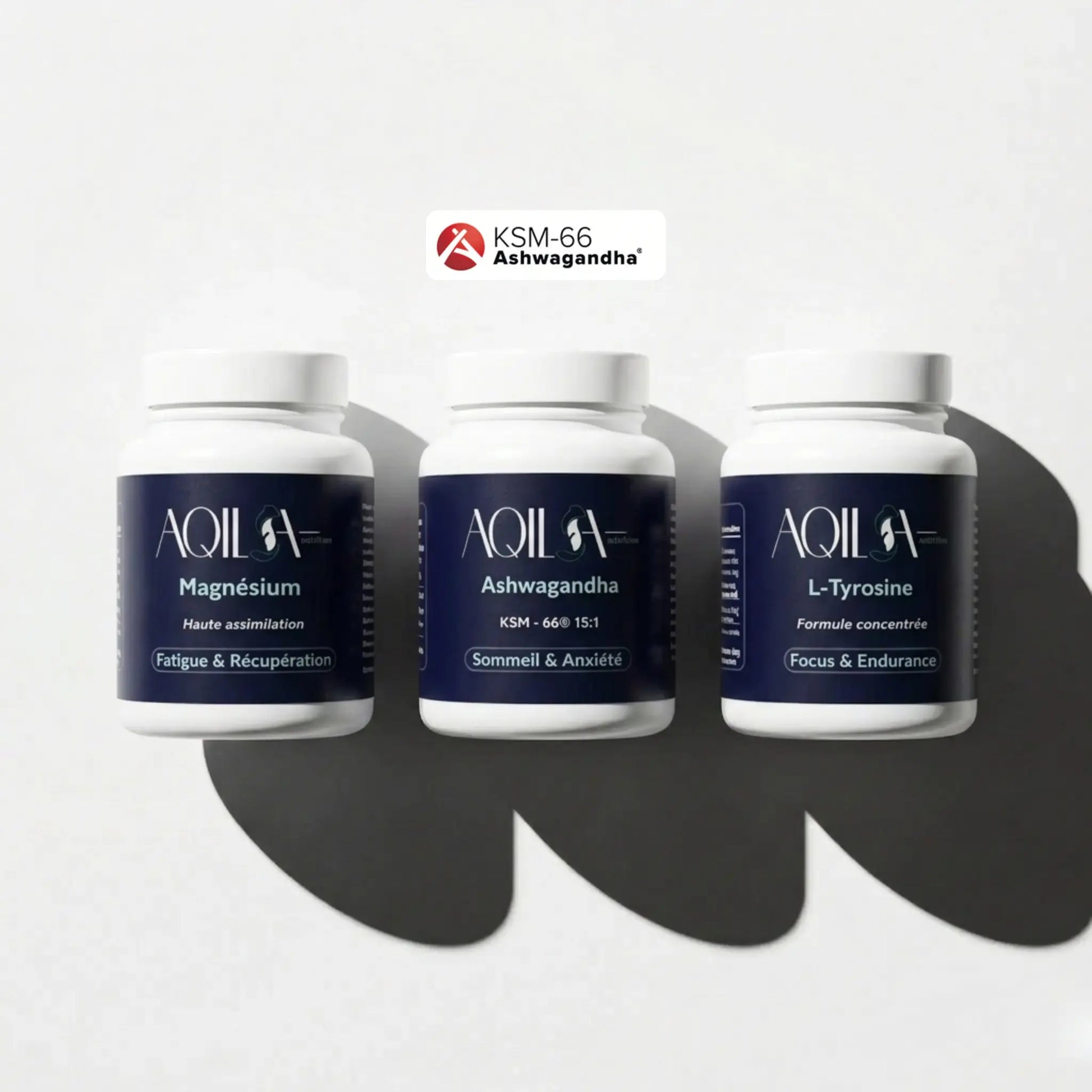 Cure Stress & Récupération AQILA — trio de compléments naturels L-Tyrosine, Magnésium haute assimilation et Ashwagandha KSM-66 pour réduire le stress, améliorer la récupération et favoriser un sommeil réparateur