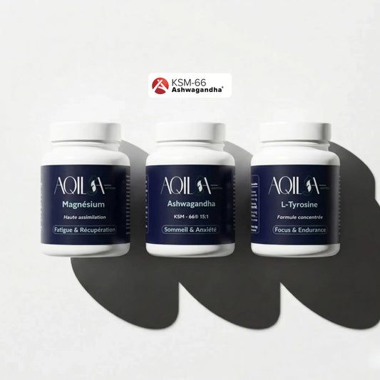 Cure Stress & Récupération AQILA — trio de compléments naturels L-Tyrosine, Magnésium haute assimilation et Ashwagandha KSM-66 pour réduire le stress, améliorer la récupération et favoriser un sommeil réparateur
