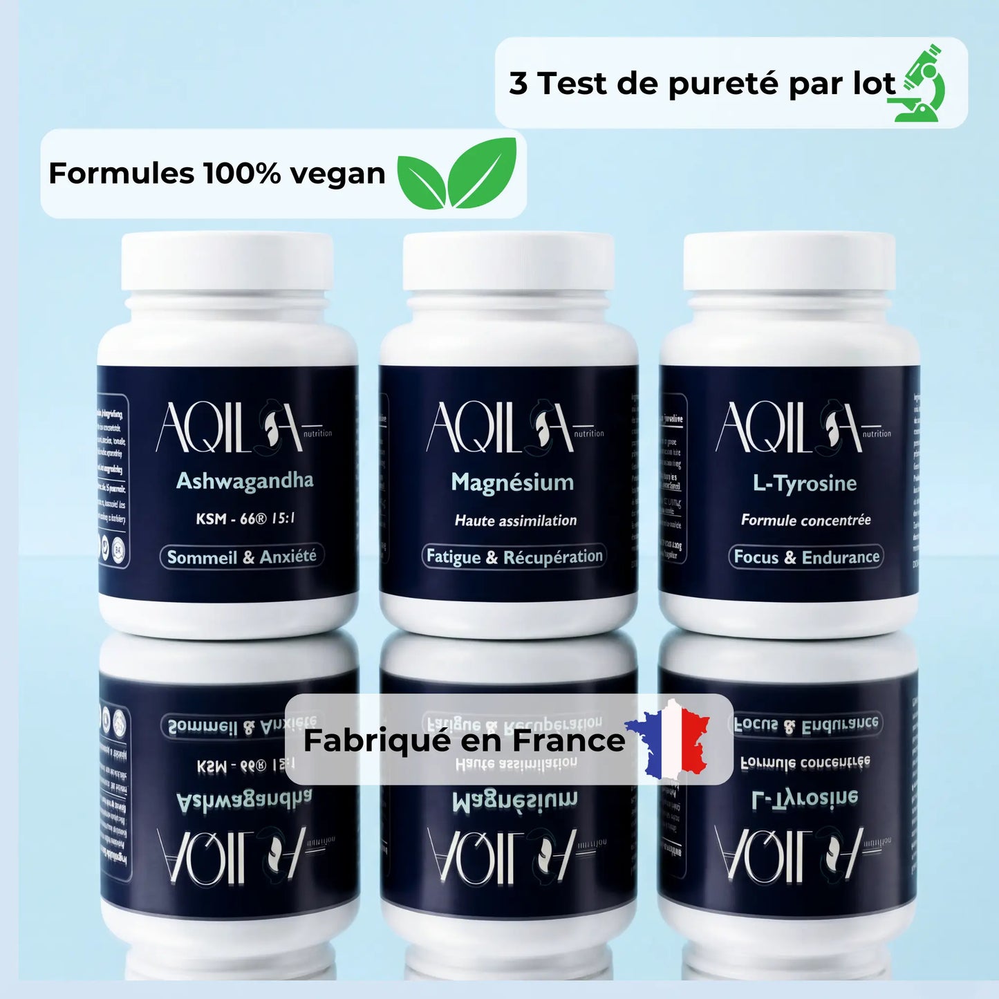 Cure Stress & Récupération AQILA fabriquée en France — Ashwagandha KSM-66, Magnésium haute assimilation et L-Tyrosine, formules 100% vegan, 3 tests de pureté par lot, compléments alimentaires premium