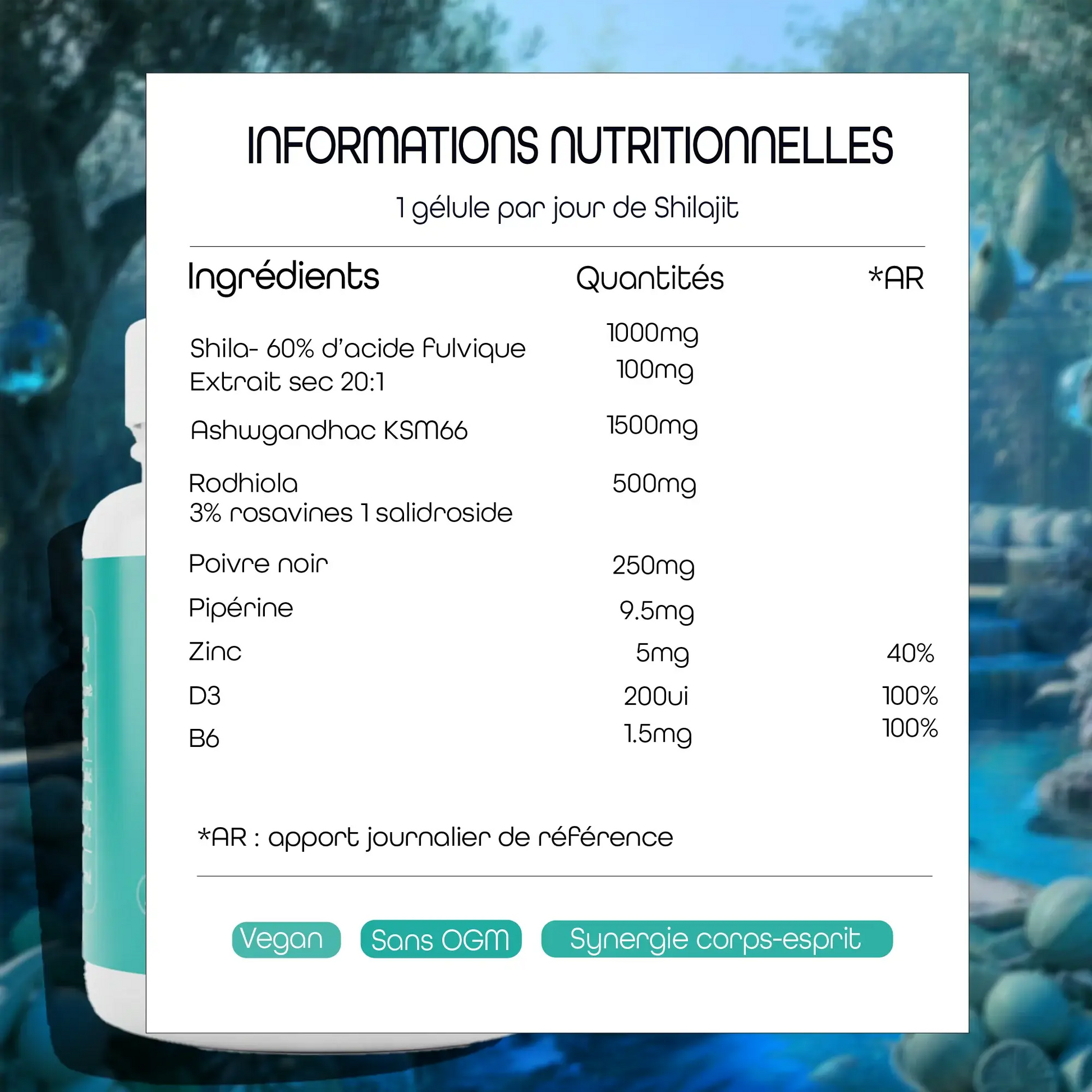 Tableau présentant les informations nutritionnelles de la cure Longévité et Vitalité AQILA , pour le Shilajit.