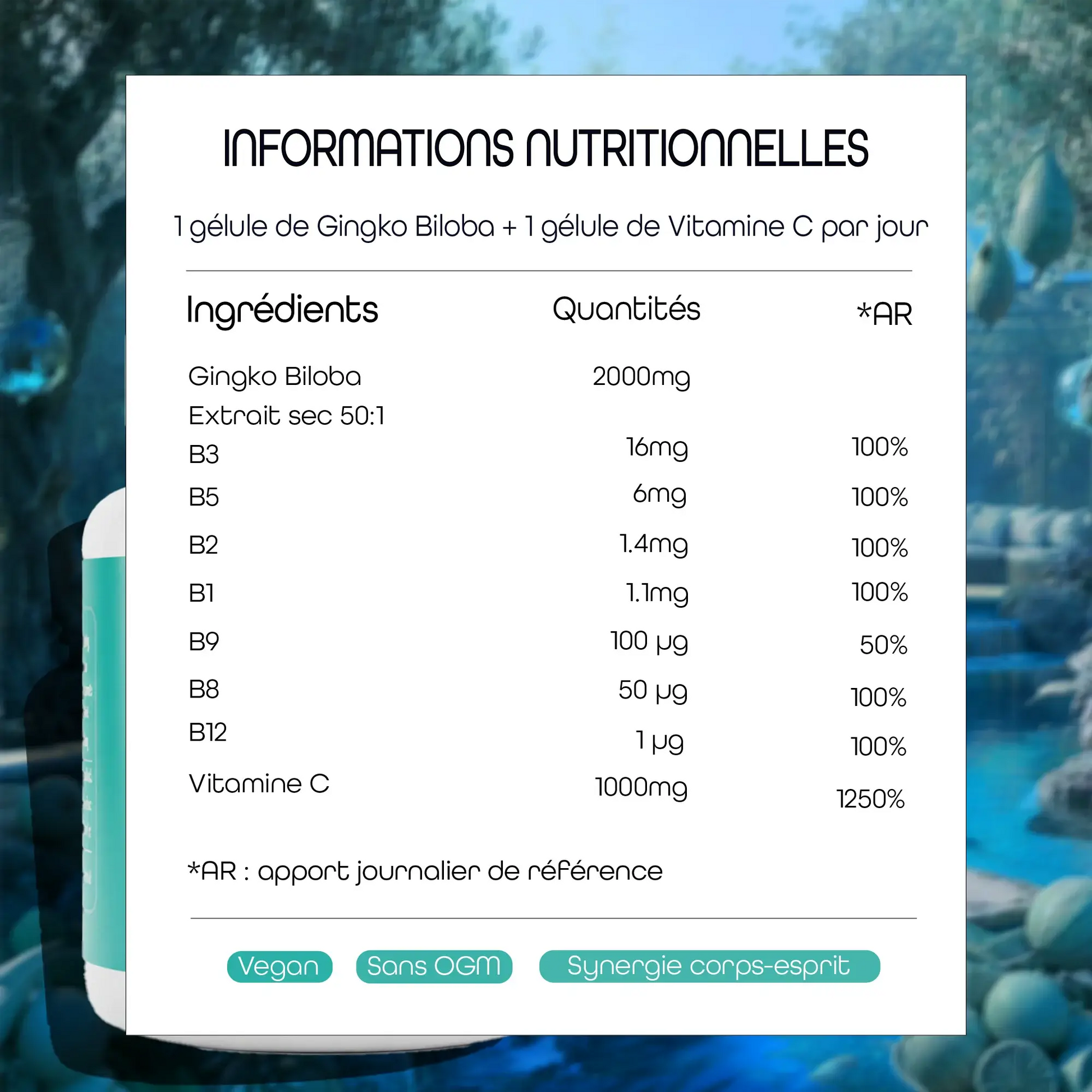 Tableau des informations nutritionnelles de la cure Longévité & Vitalité AQILA pour le Gingko Biloba et la Vitamine C