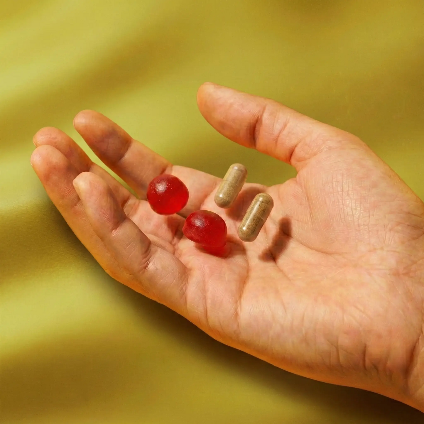 Photo de main contenant les deux gummies et deux gélules correspondant aux trois ingrédients de la cure Défense et Clarté Aqila nutrition