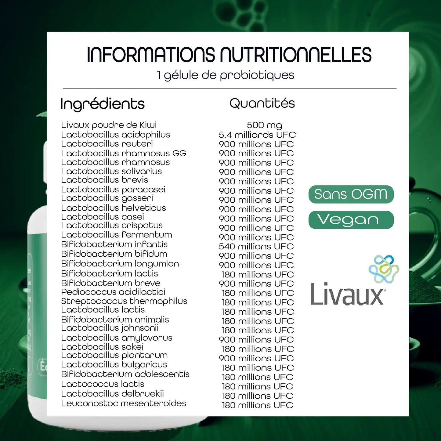 Informations nutritionnelles de la cure Digestion et Esprit AQILA pour les probiotiques 30 souches Livaux