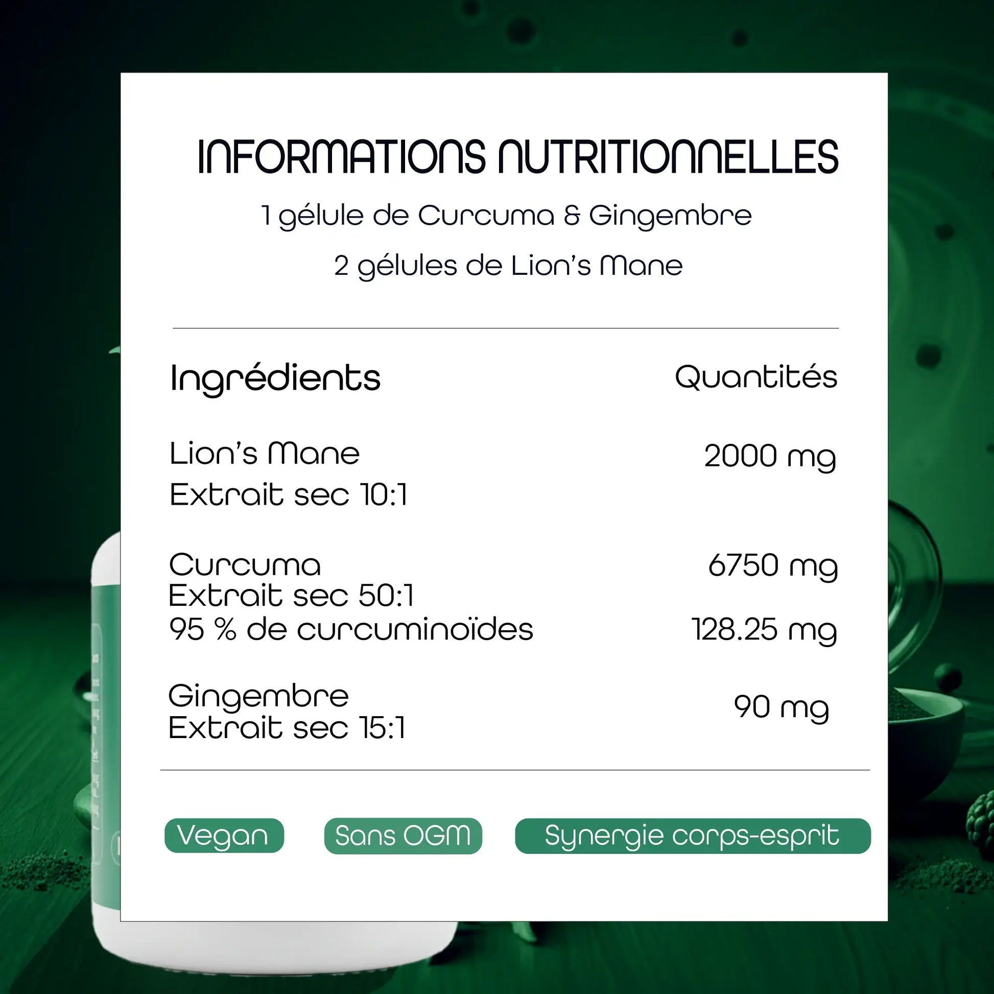 Informations nutritionnelles de la cure Digestion et Esprit AQILA, pour le Lion's Mane, le Curcuma ainsi que le Gingembre