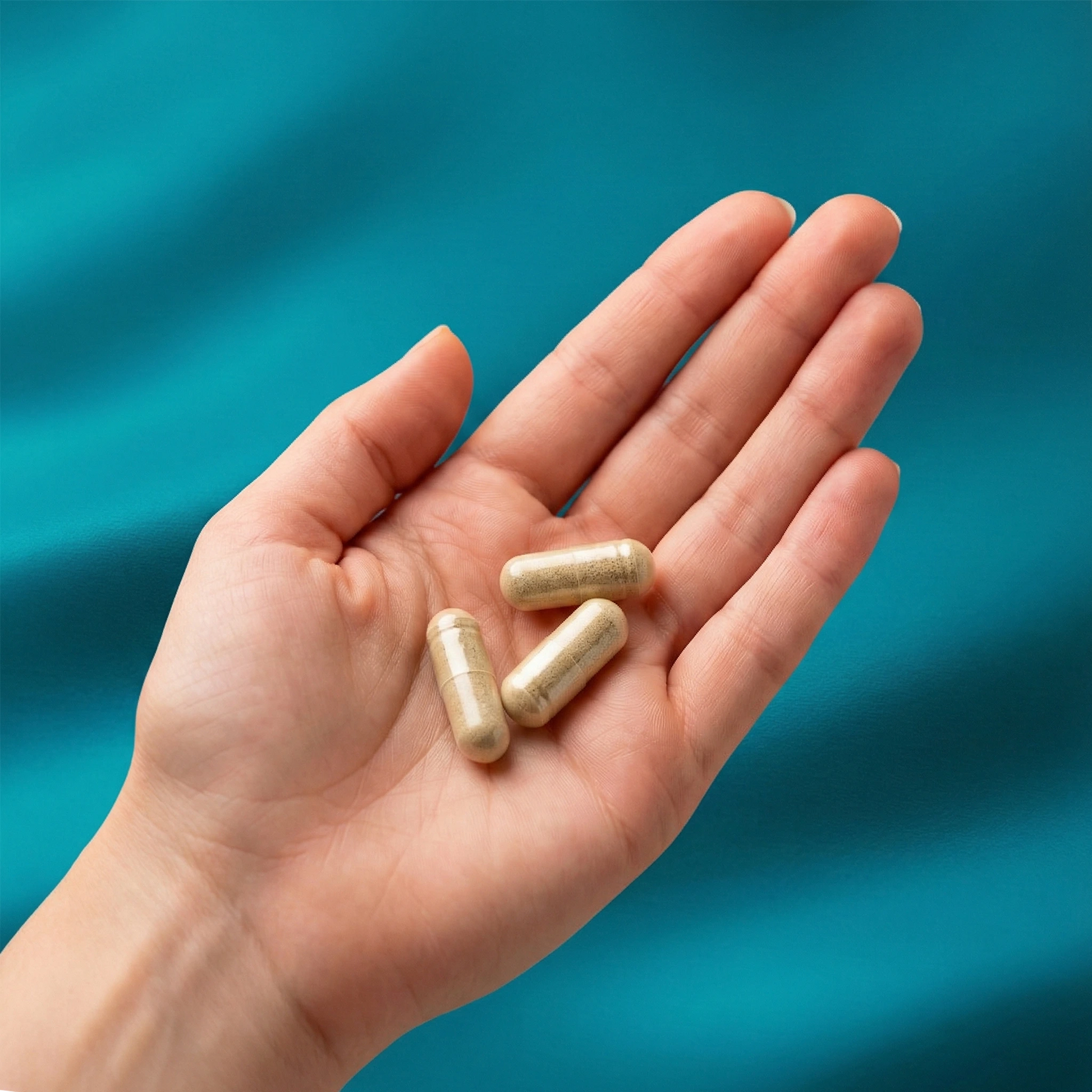 Illustration d'une main contenant les 3 gélules de la cure longévité & Vitalité Aqila nutrition. 