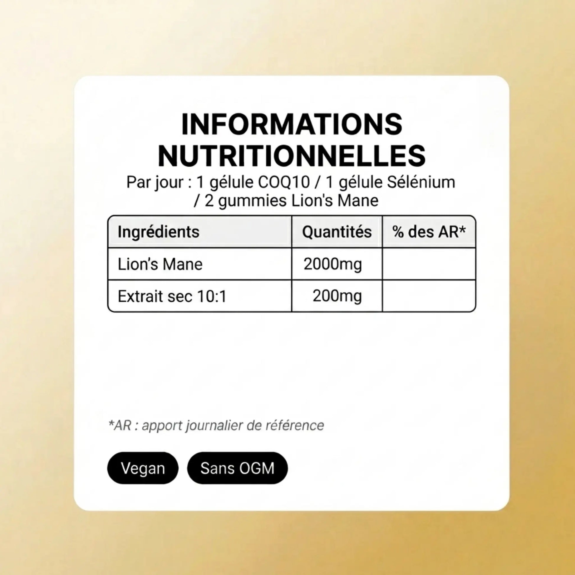 Informations nutritionnelles des gummies Lion's Mane Aqila, affichant 2000 mg de Lion's Mane par dose, certifié vegan et sans OGM.