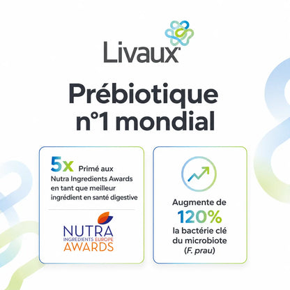 Probiotiques AQILA avec prébiotique Livaux — 5 récompenses NutraIngredients Awards depuis 2018, prébiotique le plus primé de l'industrie, associé à un complexe unique de 30 souches probiotiques