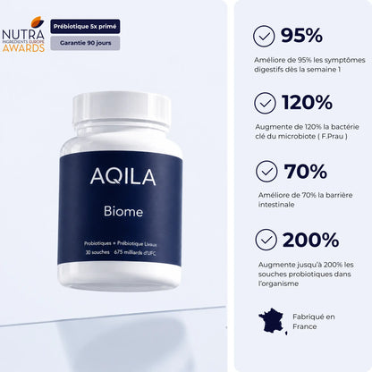 Probiotiques AQILA 30 souches 22,5 milliards UFC — complexe prébiotique breveté Livaux en gélules DRcaps, lauréat Nutra Ingredients Awards, équilibre intestinal et digestion