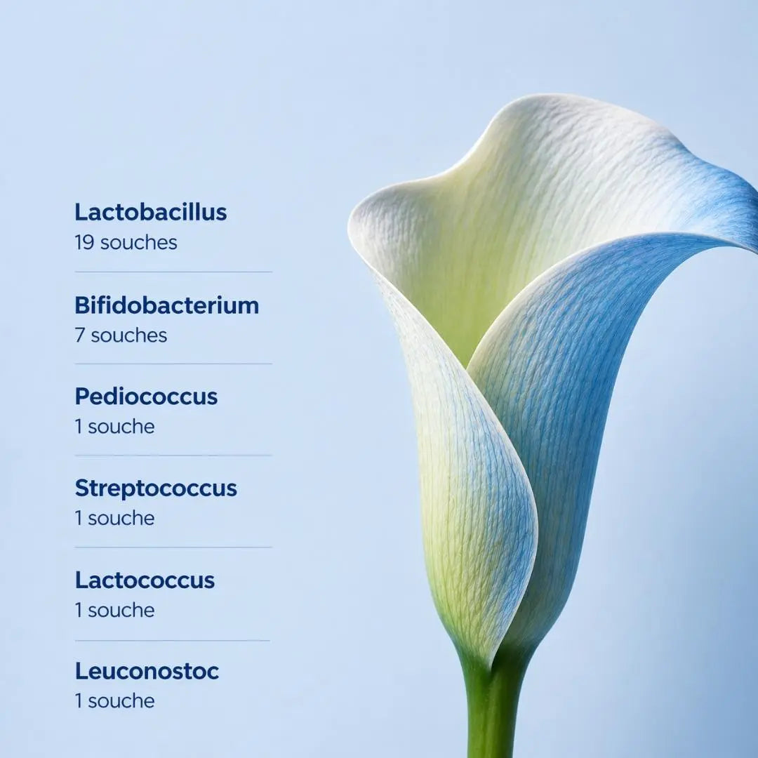 Fleurs bleu avec les 30 souches des probiotiques Aqila de 6 familles différentes