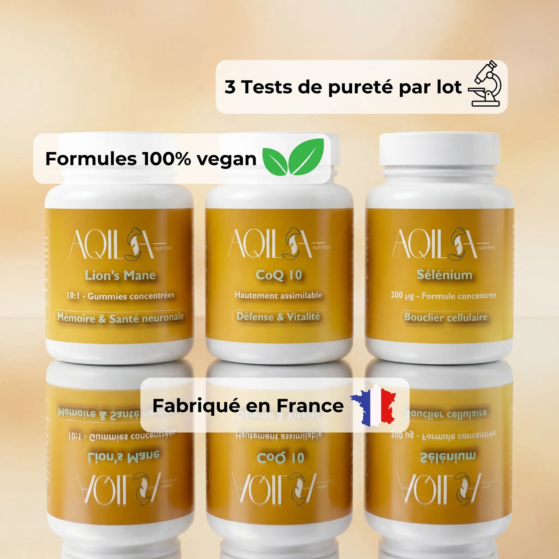 Garanties de qualité des compléments Aqila Nutrition : formules 100% vegan, fabrication en France et 3 tests de pureté par lot pour la cure Immunité et Cerveau.